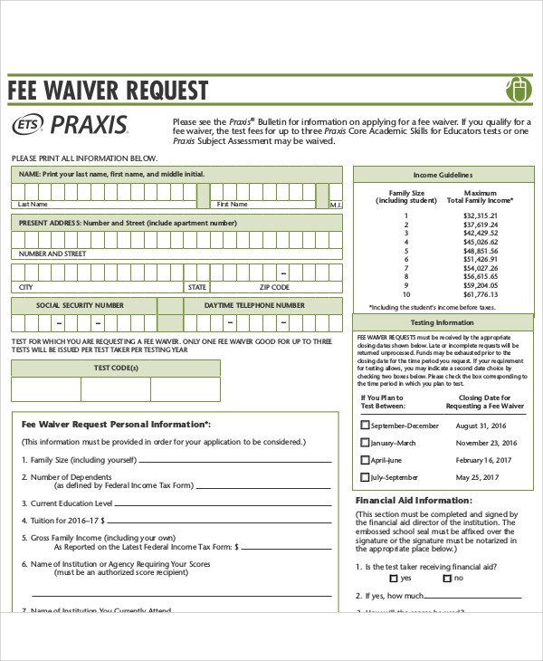 fee waiver application sample