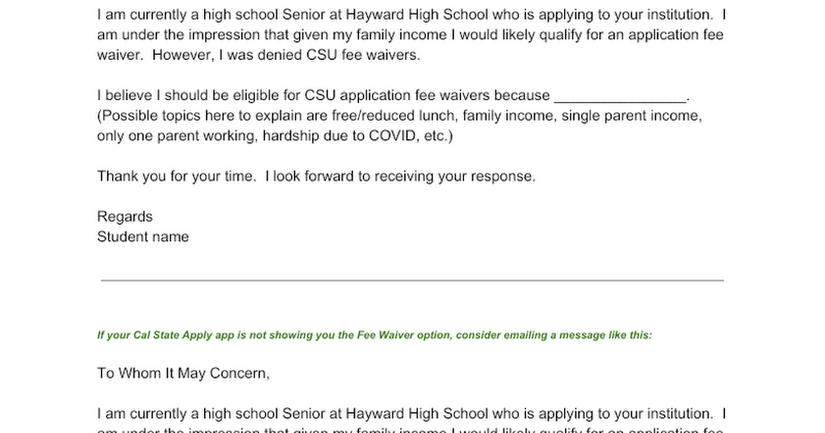 fee waiver email template