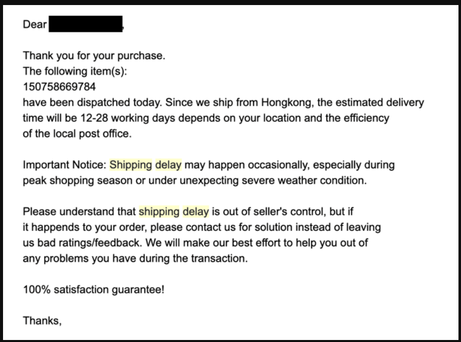 mail to supplier for delay in delivery