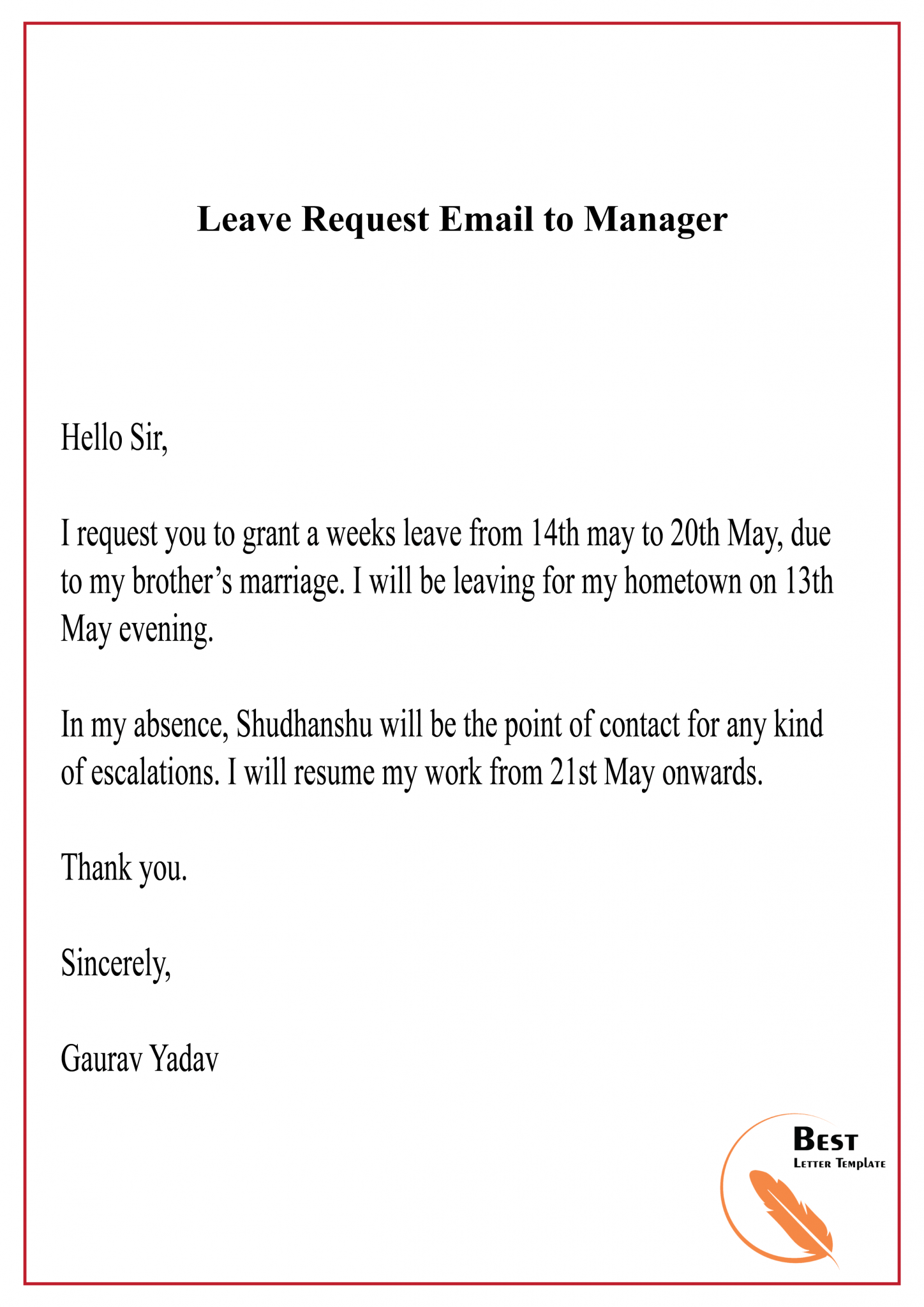 one day birthday leave request mail to manager