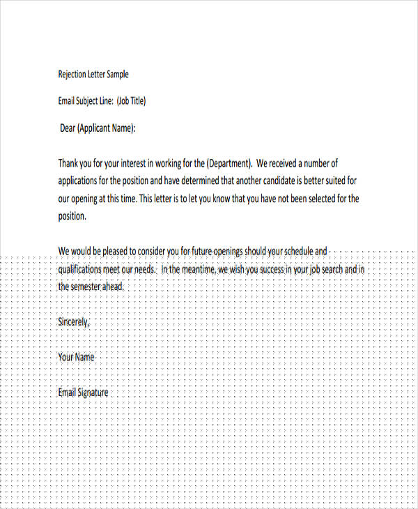 reject quotation email sample