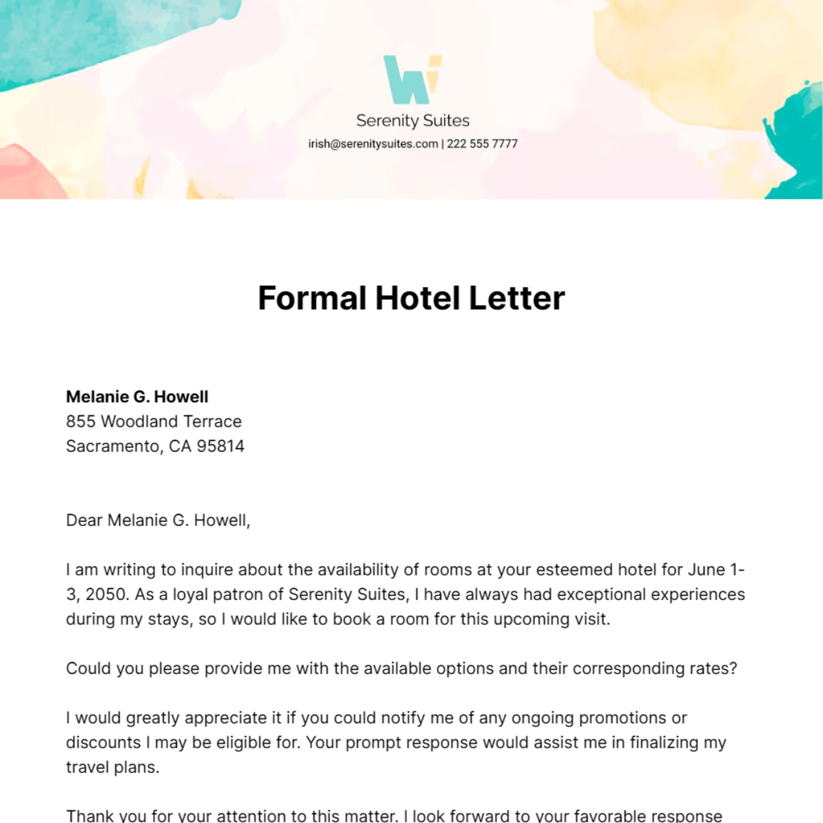 sample email to hotel for special request