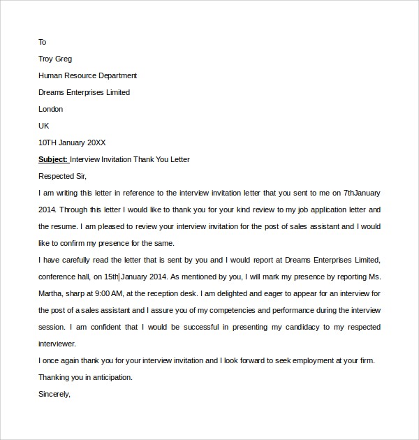 thanks letter for interview invitation